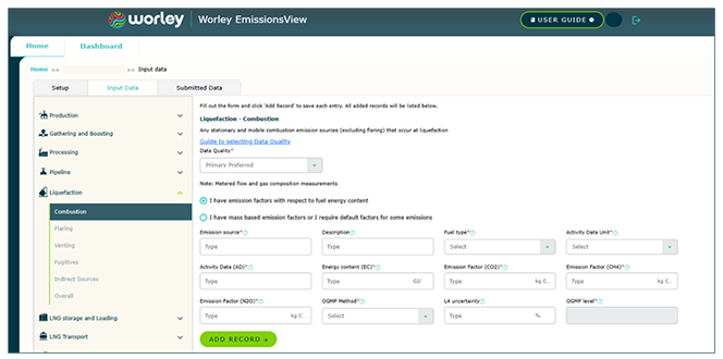 Screenshot of the Optravation EnergyEmissionsView platform interface used to input operational data and screen methane and greenhouse gas emissions.