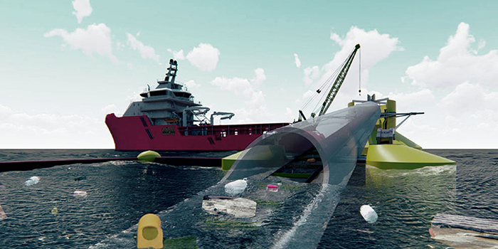 3D rendering of a contraption collecting rubbish in the water.